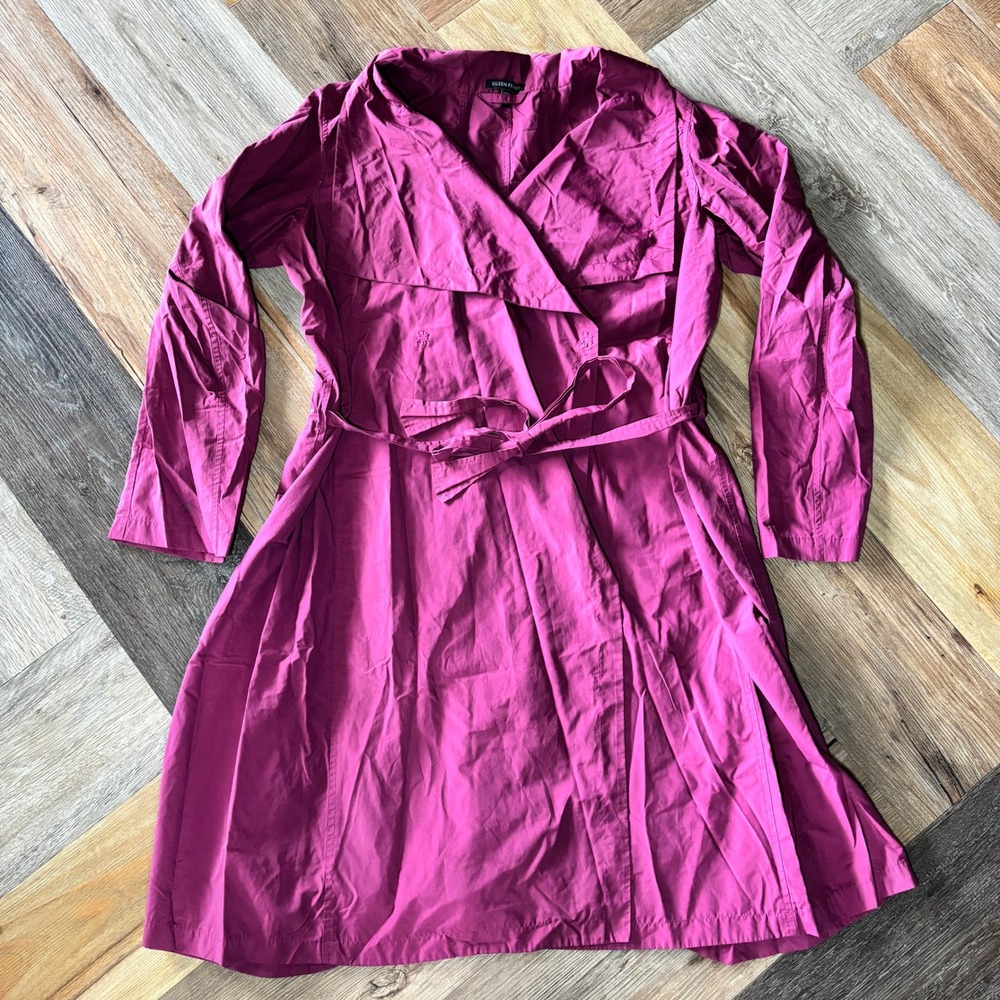 Eileen Fisher Magenta Pink Lightweight Wrap Trench Coat Belted Snap Front Sz M